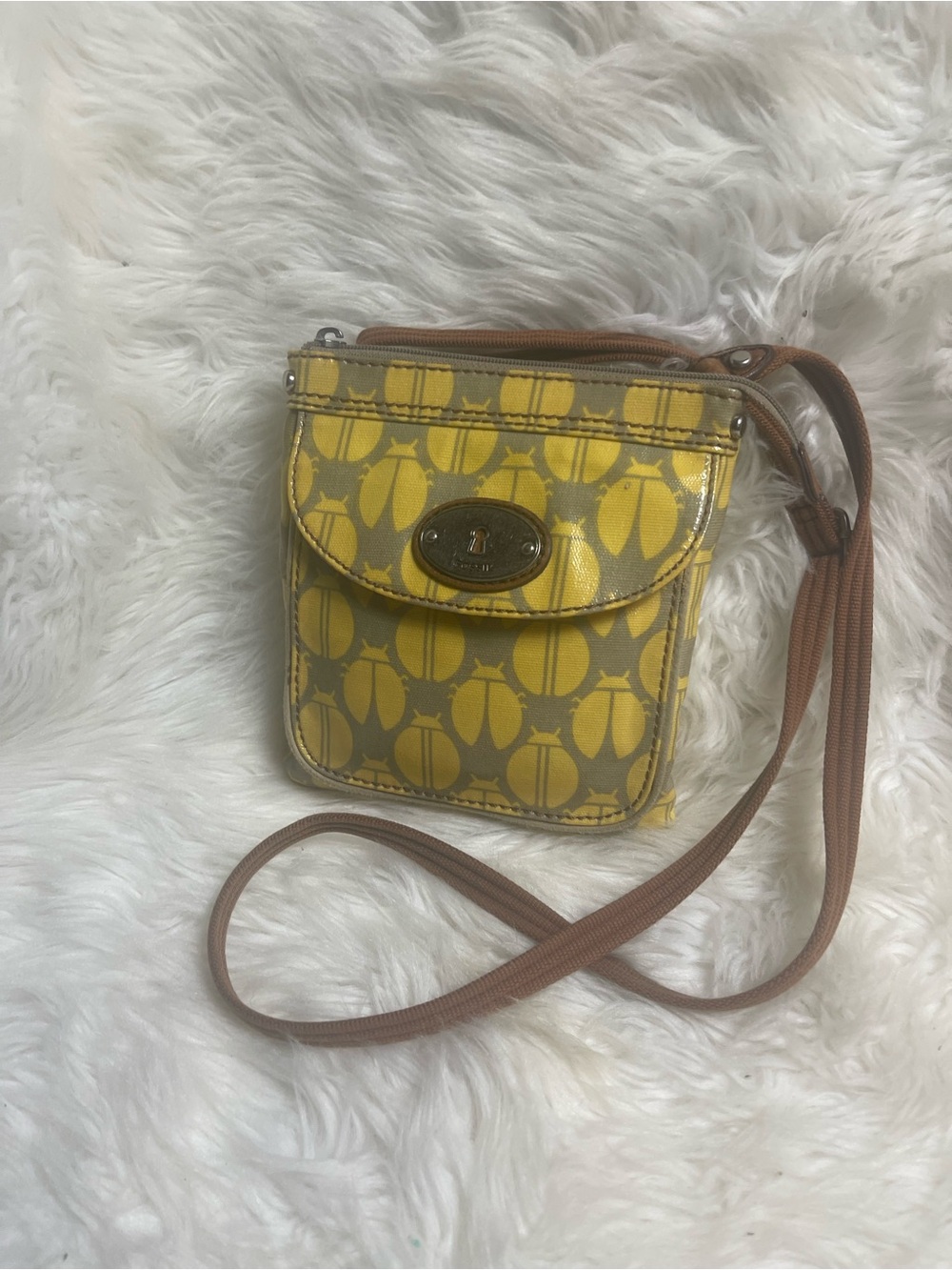 Fossil coated canvas Yellow & gray lady bug pattern small Crossbody Bag -